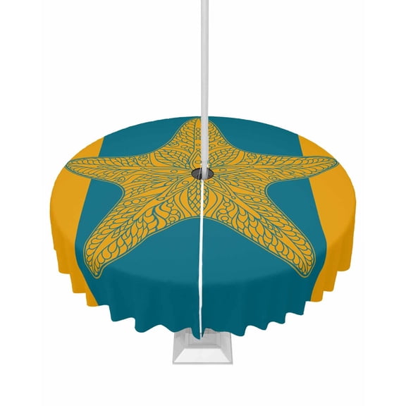 Outdoor Tablecloth with Umbrella Hole and Zipper Starfish Round Tablecloths 60 Inch Waterproof Turquoise Yellow Stripes Lines Patio Table Cover for Outdoor Tables Picnic BBQS Party Decor