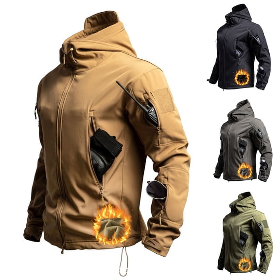 RYDCOT Men's Cargo Hoodie Waterproof Fleece Lined Ski Jacket Winter Warm Full-Zip Military Army Outdoor Hiking Coat with Muti Zip-Pockets Khaki