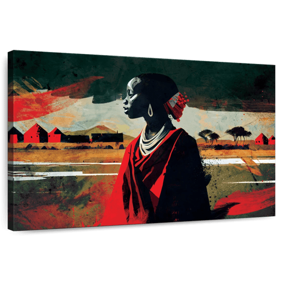 Elephant Stock Ethnic African In Red Wall Art - Horizontal Canvas Wall Art - Living Room Wall Decor - People Canvas - Black And Orange Decor - 12" x 8"