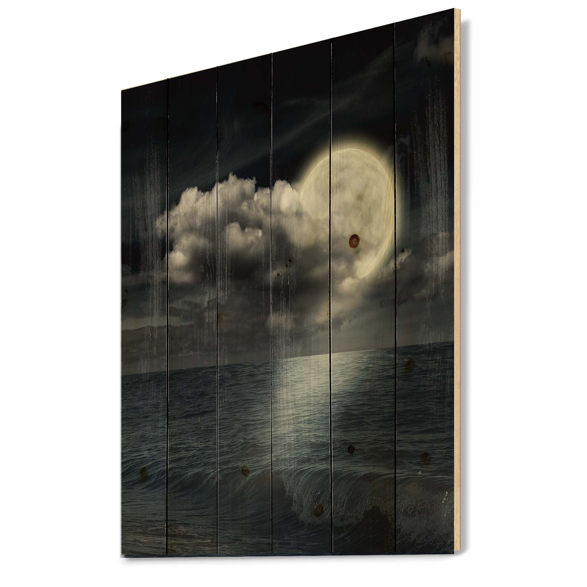 Designart 'Full Moon Night in Cloudy Sky VI' Nautical & Coastal Print on Natural Pine Wood