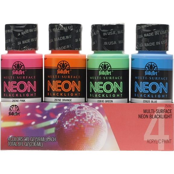 FolkArt Neon Blacklight Multi-Surface Acrylic Craft Paint Set, Satin Finish, 8 fl oz, 4 Piece
