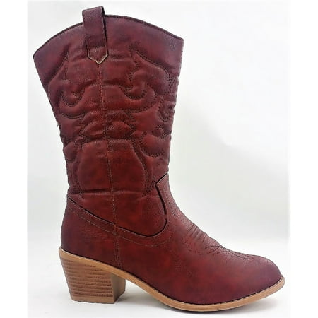 - BDW-14W Western Cowboy Cowgirl Mid Calf Pointed Toe Stitched Boots Wine