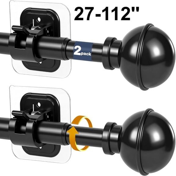 Curtain Rod No Drilling for Windows 27 to 112",Renter Friendly No Drill Adjustable Rod, 5/8 Inch Diameter Easy Install Non Screw Screwless Apartment Rods with Stick on Bracket Holder 2-Pack