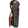 thumbnail image 2 of SMihono Summer Boho Maxi Dress pour Femmes Plus Size Décontracté Imprimé Col Rond Manches Courtes Poche Fendue Longue Dress Beach Swing Sundress, 2 of 8