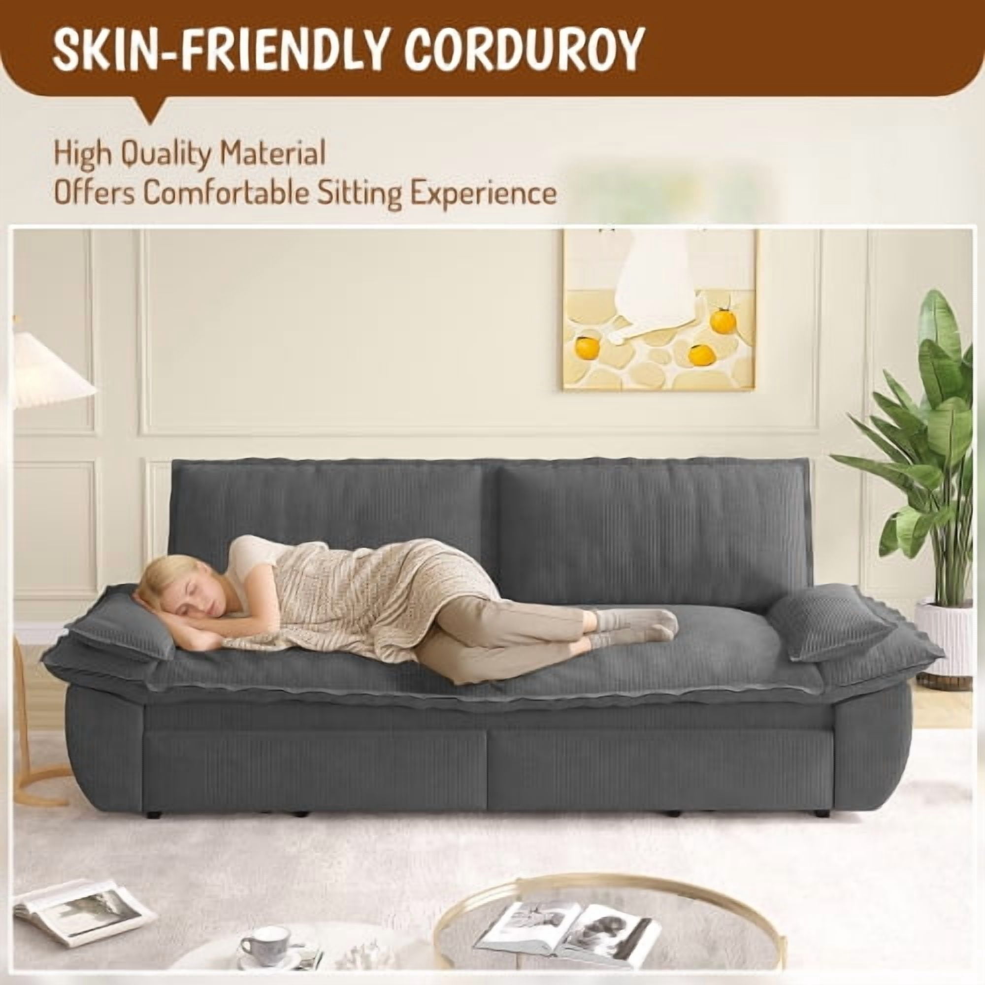 73.2" Queen Pull Out Sofa Bed, 3-in-1 Convertible Sleeper Sofa, Multi-Functional Corduroy Loveseat Couch with Pull-Out Bed, Grey