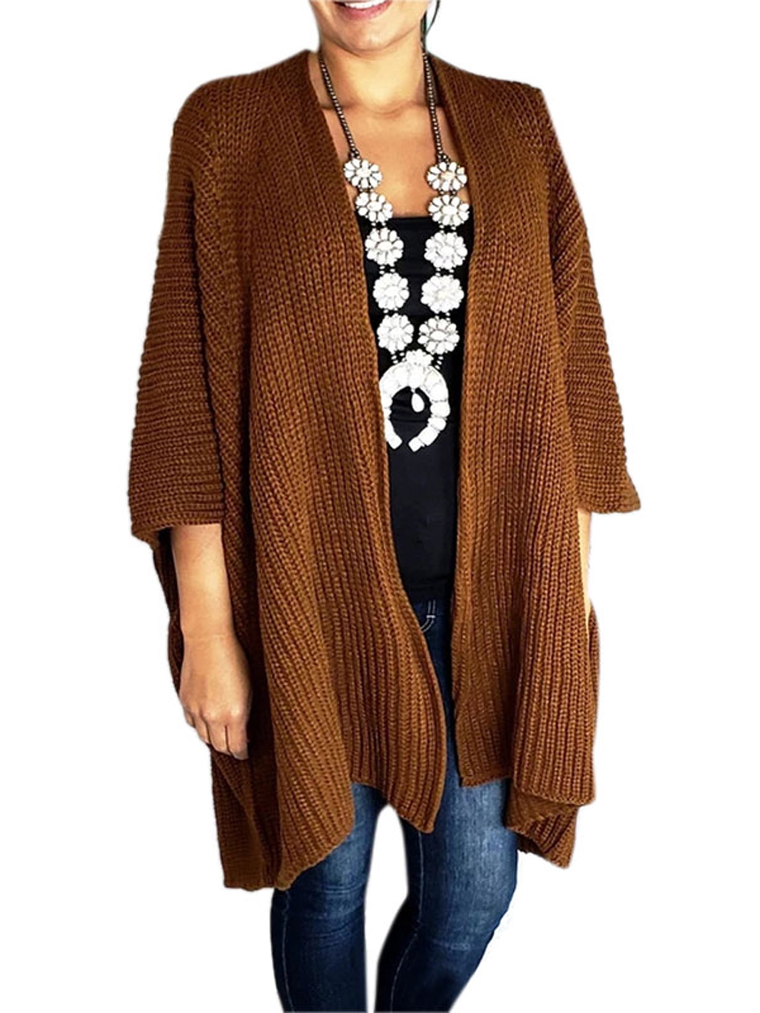 Lallc Women's 3/4 Sleeves Cardigans Knitted Open Front Loose Sweatshirts Coats Jackets