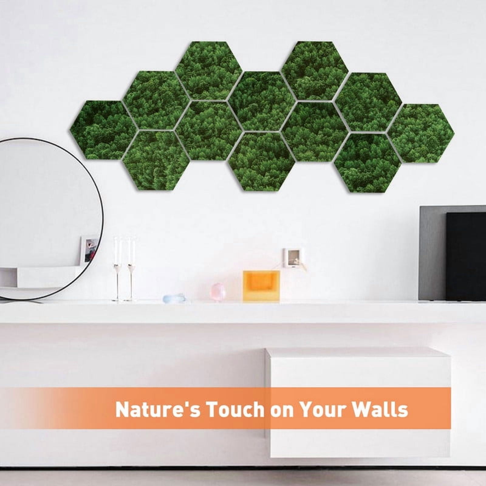 DOLLAR BOSS 12Pcs Self Adhesive Felt Board Tiles Wall Decor Hexagon Bulletin Board for Walls, Green Forest Pattern Print Felt Cork Pin Board for Pictures Photos Memos with Push Pins