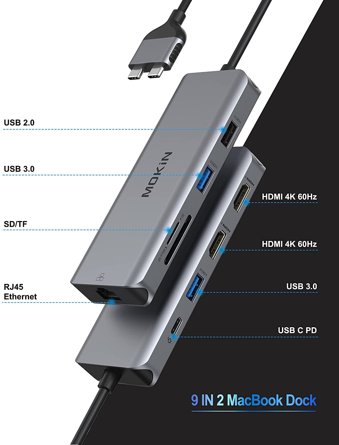 MacBook Pro Docking Station Dual Monitor MacBook Pro HDMI Adapter,9 in 1 USB C Adapters for MacBook Pro Air Mac HDMI Dock Dongle Dual USB C to Dual HDMI Ethernet 3USB SD/TF100W PD