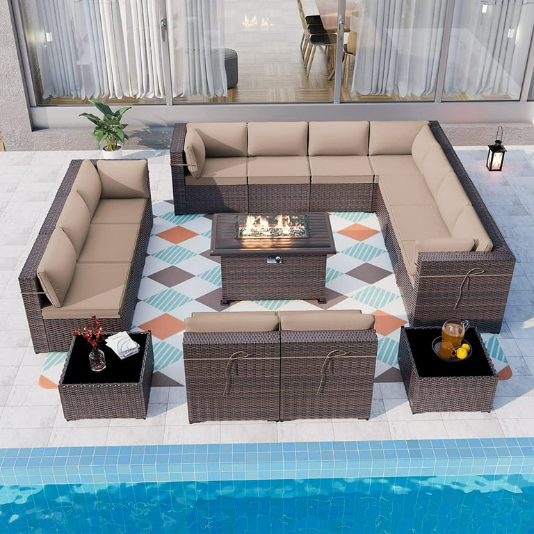 Gotland 15 Pieces Outdoor Patio Furniture Set with Propane Fire Pit Table Outdoor Sectional Sofa