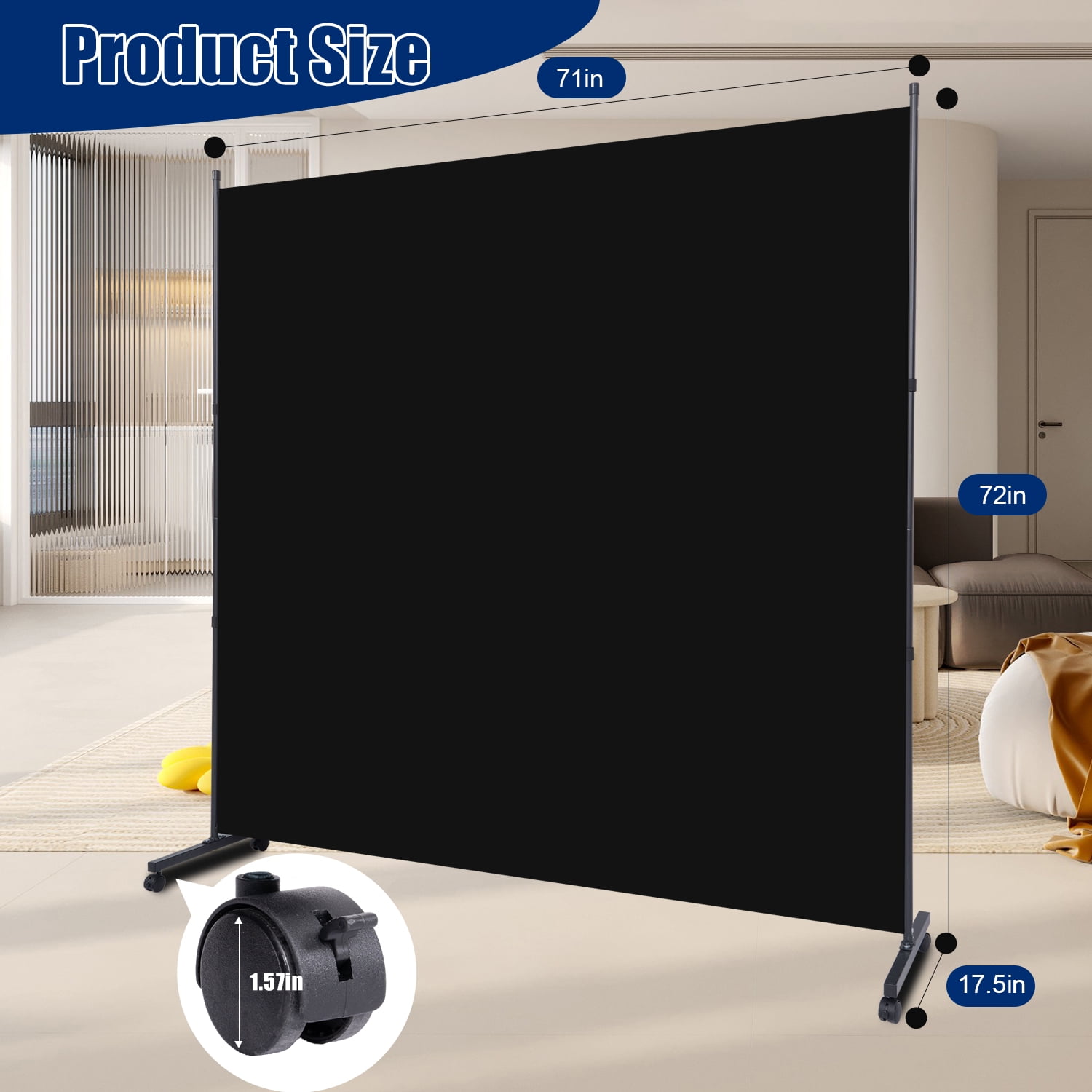 Room Divider Single Fabric Panel Privacy Screen W/Wheel, 71''X 72''Wide Portable Wall Divider for Room Separation, Upgrade Room Divider Screen 6 FT Partation Room Dividers for Home, Office, School