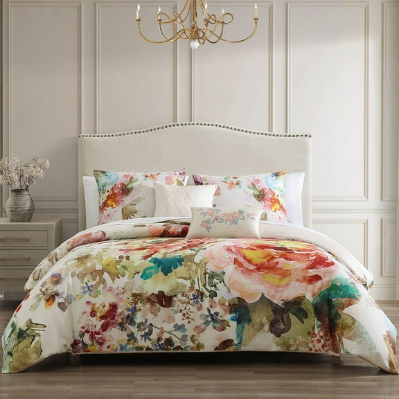 Bebejan Antique Flowers 5 Piece Comforter Set, King, Ivory, 100% Cotton Sateen, Reversible, All Season, Cozy Comfort