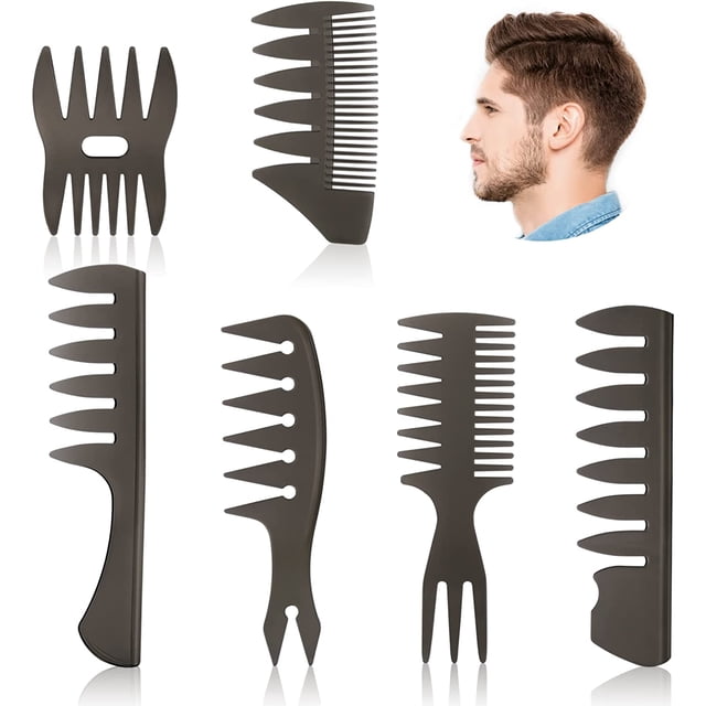 Peine para el cabello para hombres, peine de peluquería de 6 piezas, cepillo antiestático, herramienta de peluquería para hombres, peine con forma de aceite, peines de dientes anchos, negro