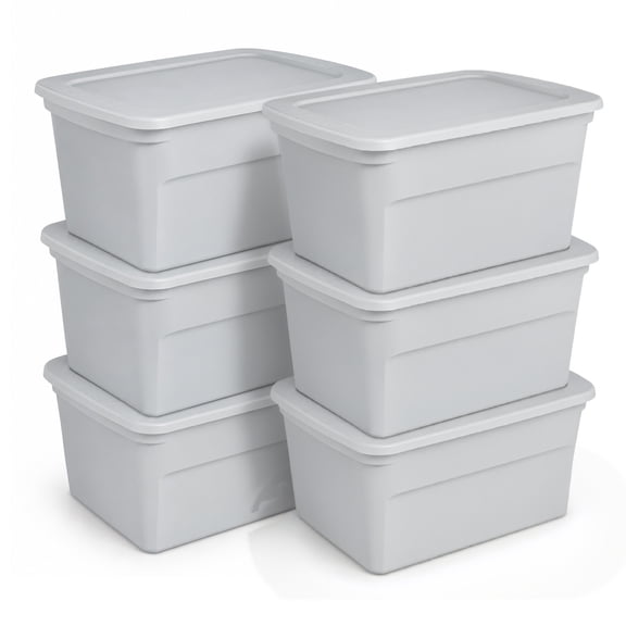 Sterilite 30 Gal Plastic Tote Stackable Storage Container with Snap On Lid, Cement, 6 Pack