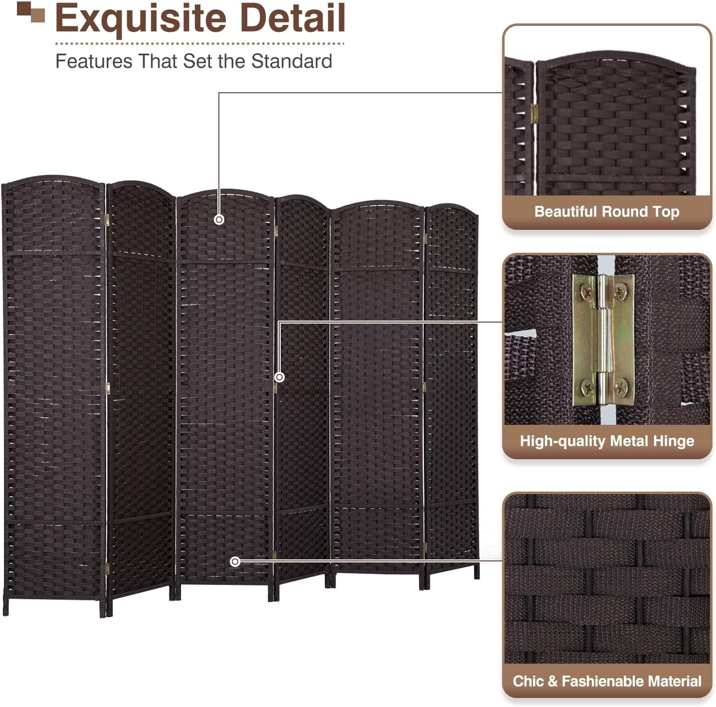 Dkelincs 6 Panel Room Dividers 5.6 FT Tall Portable Privacy Screen Folding Wood Partition Wall Divider for Room Separation, Brown