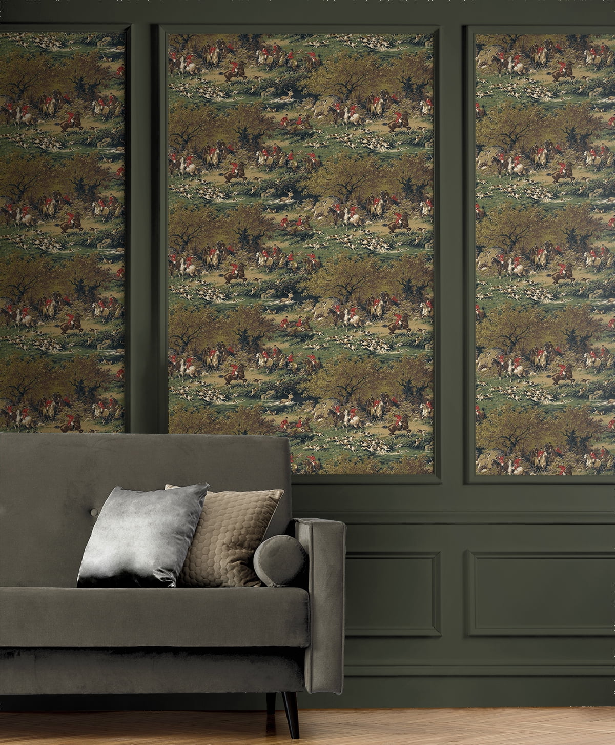 Harry & Grace Olive & Midnight Taunton Hunt Scene Premium Matte Non-Woven Peel and Stick Wallpaper - 20.5 in. W x 18 ft. L Roll