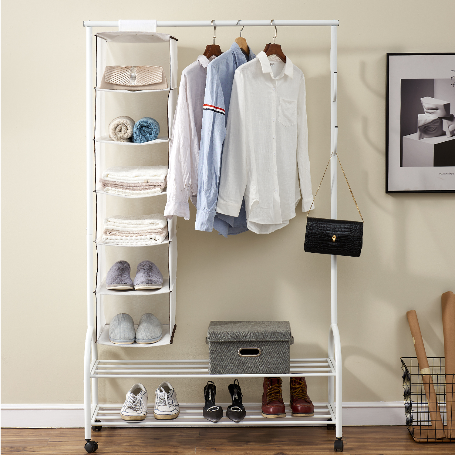 Vassen Coat Rack w/ 3-Tier Storage Shelves in White Finish – Roundhill  Furniture