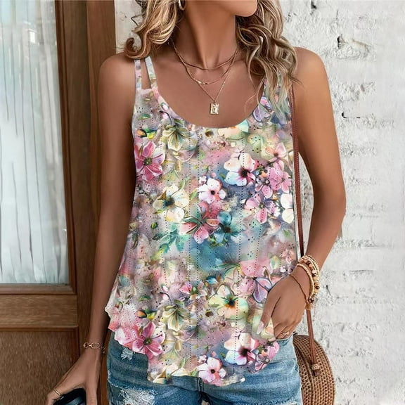 Luxalzxs Casual Lightweight Tank Top for Women Summer Going Out Eyelet Floral Printed Baggy Crew Neck Sleeveless Flowy Curved Hem Plus Size Tank Tops