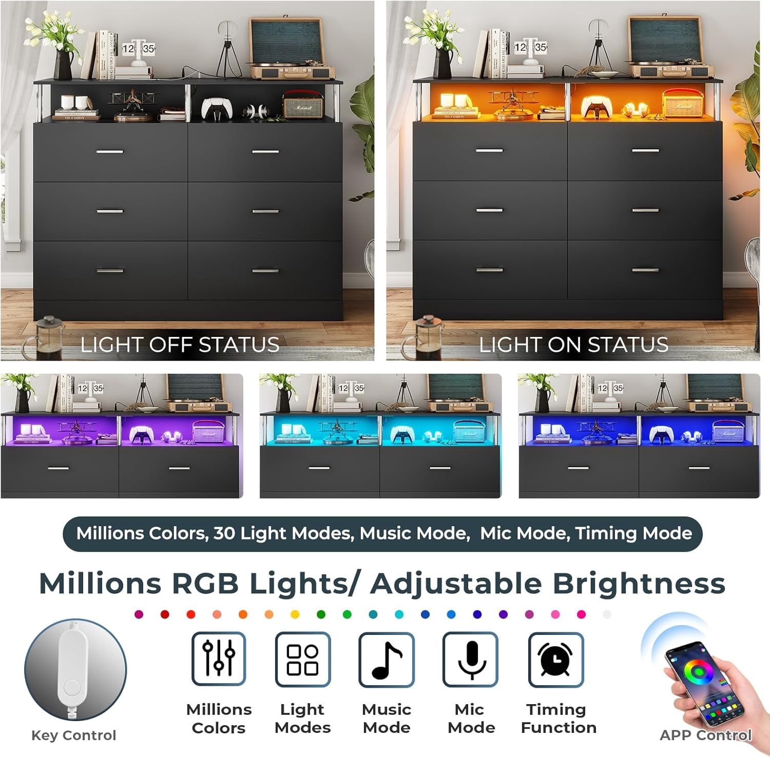 AOGLLATI Black Dresser for Bedroom Living Room 6 Drawers Chest of Drawers with LED Lights Charging Station