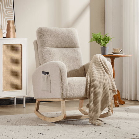 Modern Rocking Chair with High Backrest, Side Pocket, Upholstered Nursery Glider for Living Room, Beige