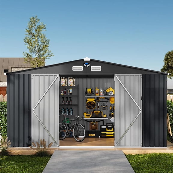 EastVita 12 x 10 ft Outdoor Metal Storage Shed with Windows and Lockable Doors Heavy-Duty Garden Tool Shed Dark Gray