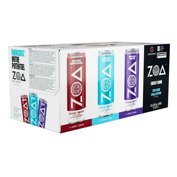 ZOA Zero Sugar Energy Drink | Immunity Boosting Variety Pack | Cherry Limeade, Tropical Punch, Frosted Grape | 18 x 355 mL Cans