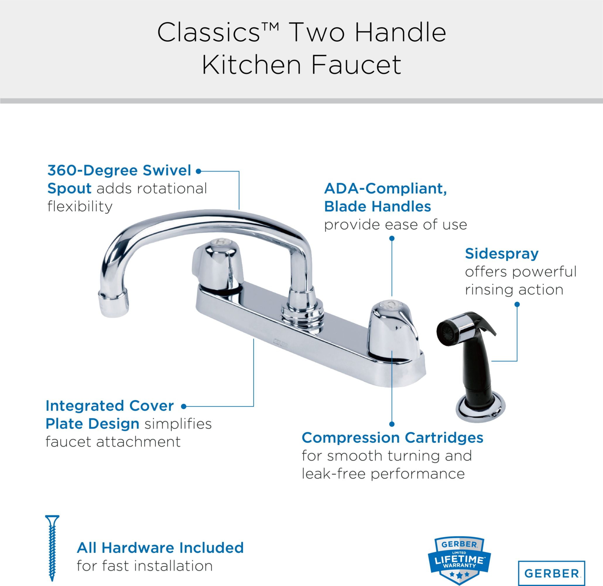 Gerber Classics Two Handle Kitchen Faucet w/ Side Spray, Mini Blade Handles, Chrome - 42-526