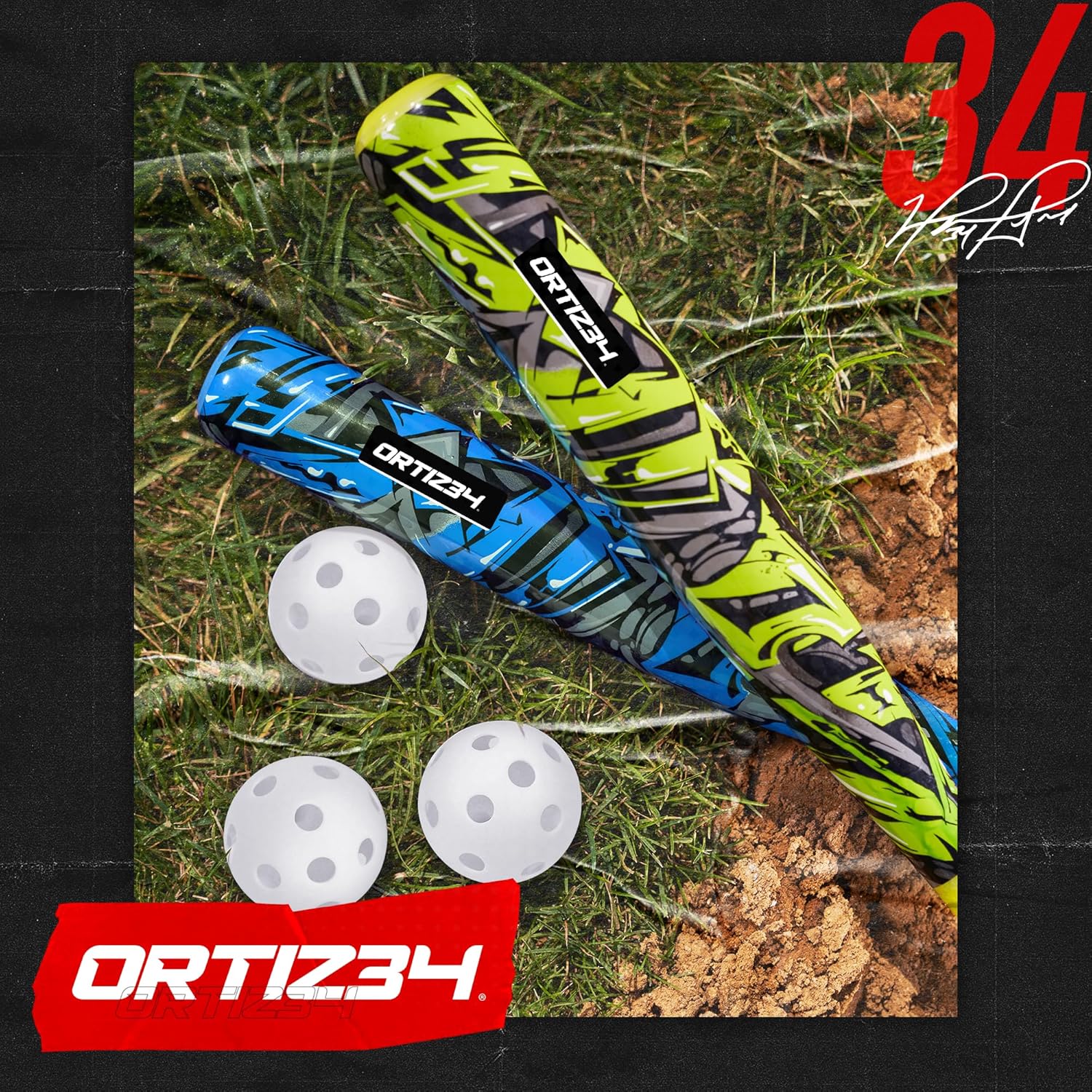 Ortiz34 29" Graffiti Plastic Bat & Ball Set, David Ortiz Backyard Baseball Homerun Set for Youth, Kids, Teens & Adults
