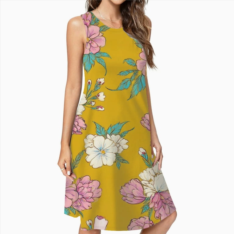 Mustard Yellow Floral Repeat Pattern Dress Loose Women'S Dress Beach Dresses  With Pockets Dresses For Womens - Walmart.com
