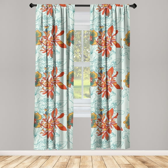 Peony Window Curtains, Tropical Design Delicate Flowers with Petals and Leaves on Neutral Back, Lightweight Decor 2-Panel Set with Rod Pocket, Pair of - 28"x63", Marigold Vermilion Teal, by Ambesonne