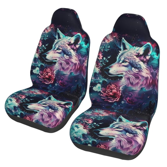 KAKALAD Galaxy Starry Sky Wolf Flowers 07 Universal Car Accessories Seat Covers Set Front Vehicle Seats Protector 2 Pcs