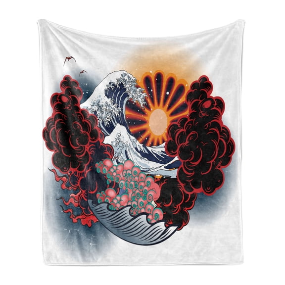 Tattoo Soft Flannel Fleece Throw Blanket, Japanese Landscape of Rising Sun Waves with Red and Pink Foam Culture Print, Cozy Plush for Indoor and Outdoor Use, 70" x 90", Multicolor, by Ambesonne