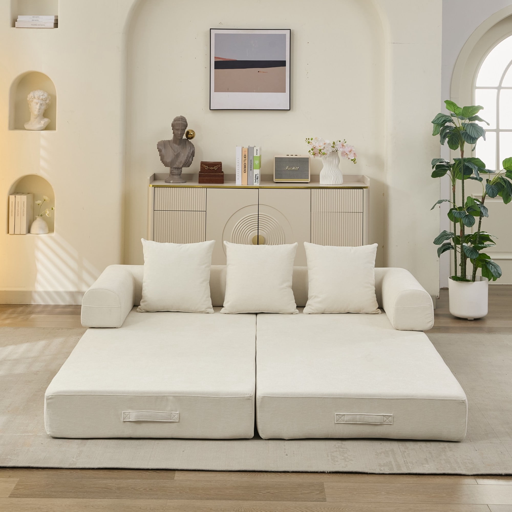 Aukfa Convertible Sleeper Sofa Bed King Floor Futon Couch for Living Room Bedroom, Chenille, Beige