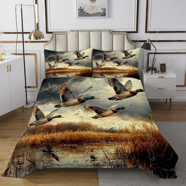 Mallard Queen Quilt Set Duck Hunting Bedspread Set for Kids Boys Man Flying Duck Lighting Coverlet Set,Rustic Decor Wildlife Animlas Farmhouse Style Bed Set