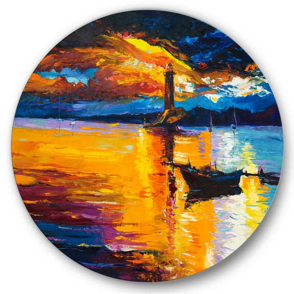 Designart 'Little Boat By Lighthouse During Evening Glow' Nautical & Coastal Circle Metal Wall Art 36x36 - Disc of 36