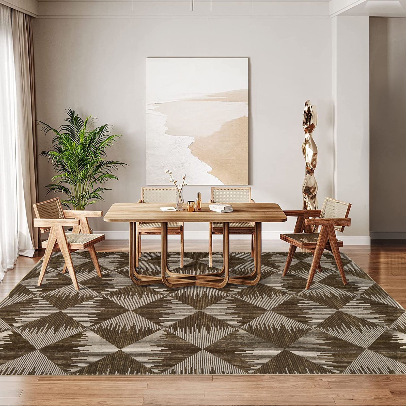 8x10 Washable Area Rugs for Living Room Non Slip Low Pile Modern Geometric Farmhouse Dining Room Carpets for Bedroom Dorm Brown