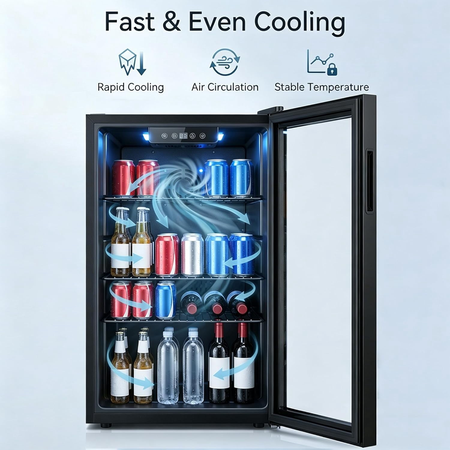 3.2 Cu.Ft Mini Beverage Refrigerator, 130 Can Glass Door Cooler for Drinks, Soda, Beer & Wine, Compact Fridge for Bedroom, Office, Home Bar, Black
