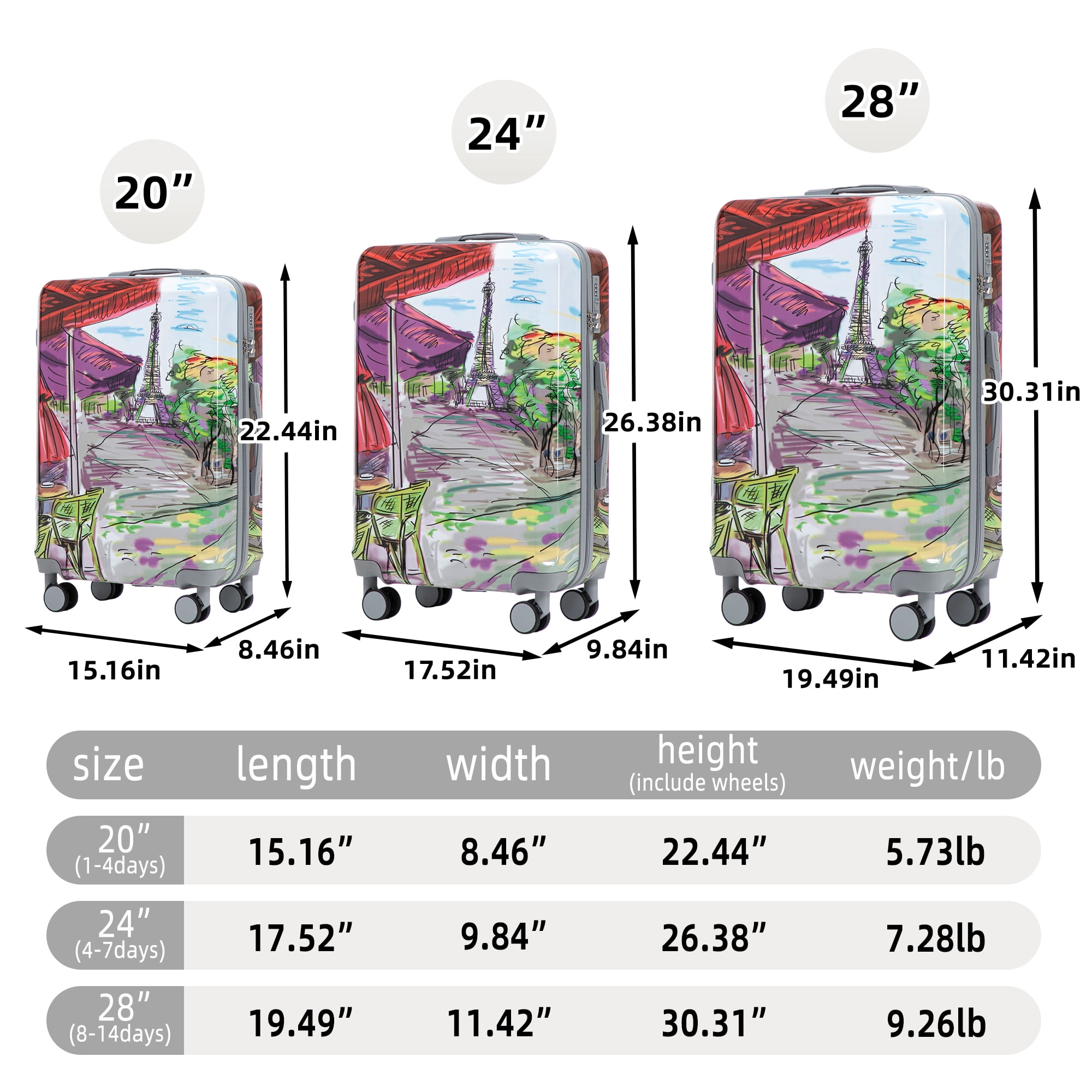 Alvantor 3 Piece Luggage Sets, Hardside Lightweight Suitcase with Combination Lock and Tower Printed, 20/24/28 Inch