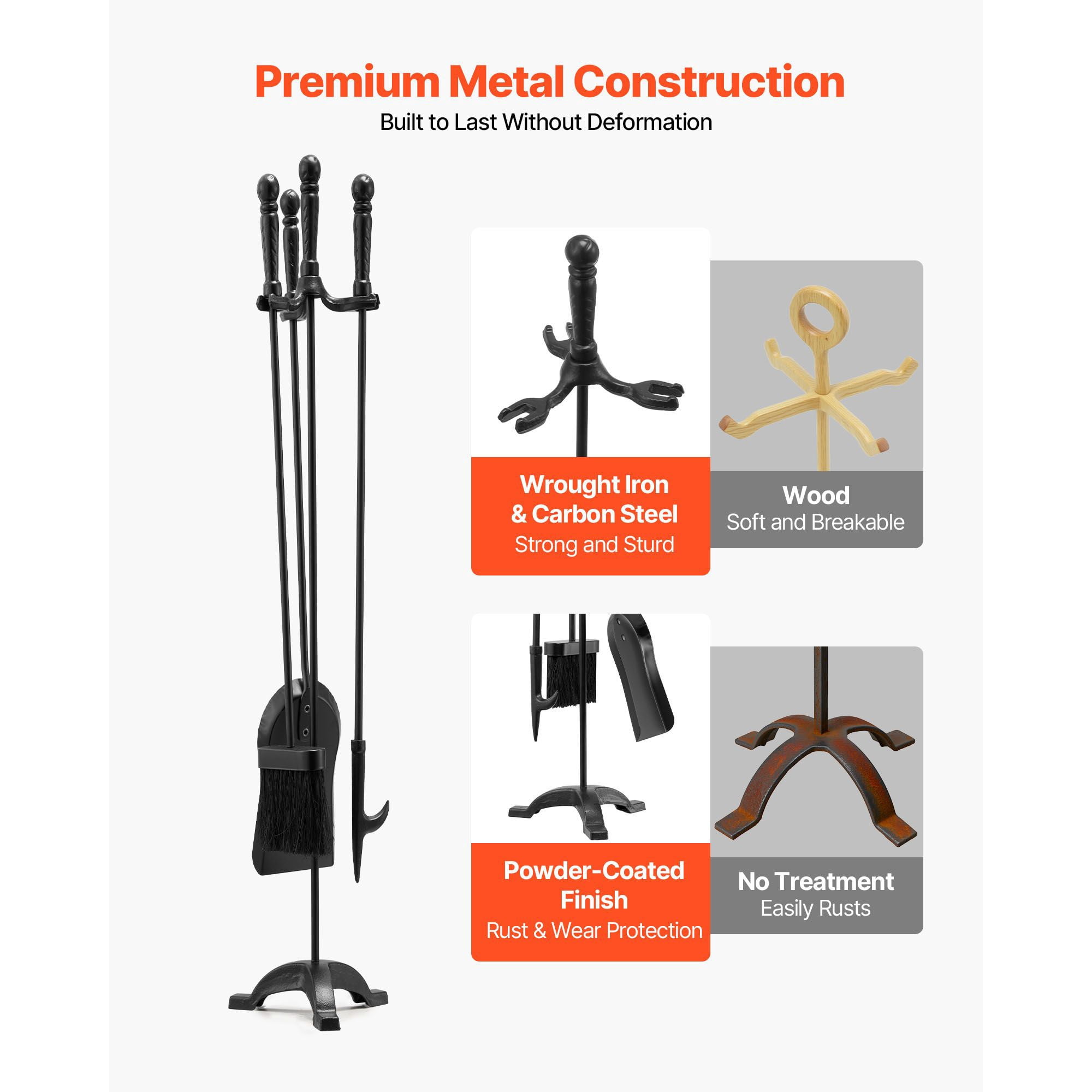 4-in-1 Fireplace Tool Set with Poker, Ash Shovel, Brush, Stand, Wrought Iron & Carbon Steel, for Indoor Wood Stove Fire Pit