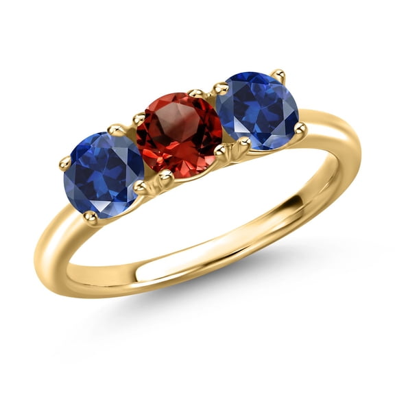 Gem Stone King 18K Yellow Gold Plated Silver Red Garnet and Blue Created Sapphire Engagement Ring for Women | 1.75 Cttw | Round 5MM | Gemstone January Birthstone | Size 5