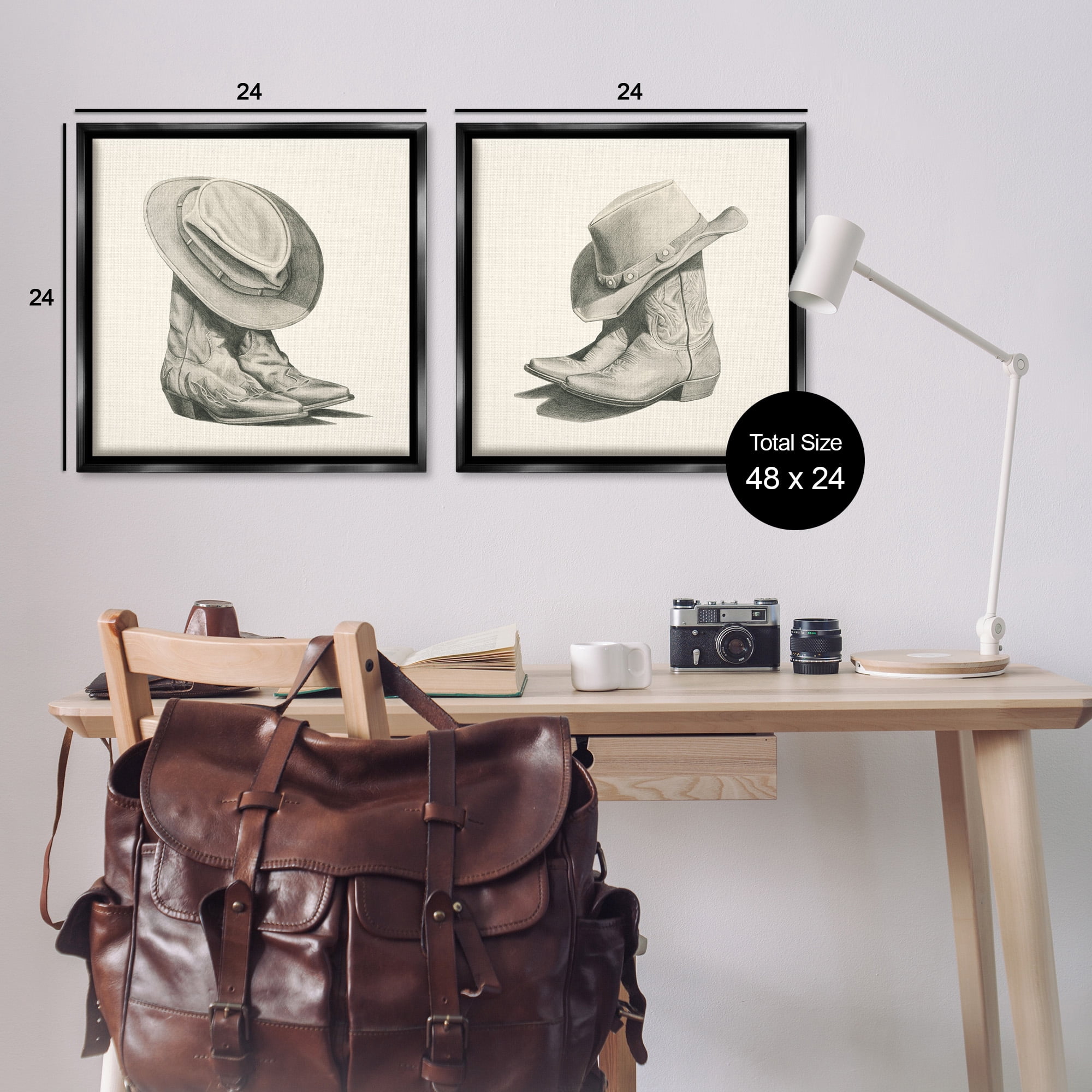 Stupell Industries Rustic Cowboy Boots Beauty & Fashion Drawing Black Floater Framed Canvas Art Print Wall Art, 25 x 25, Set of 2