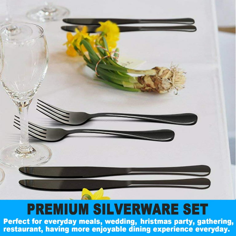 24-Piece Black Silverware Set with Steak Knives, Unique Flower