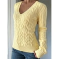 thumbnail image 6 of Women Long Sleeve Cable Knit Sweater Fashion V Neck Fitted Pullover Top Business Casual Fall Outfits Yellow L, 6 of 9