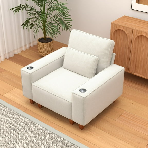 BSHTI Chenille Deep Seat Single Sofa Chair with Brushed Stainless Steel Cup Holder and Decorative Pillow – Modern Cozy Accent Chair for Living Room
