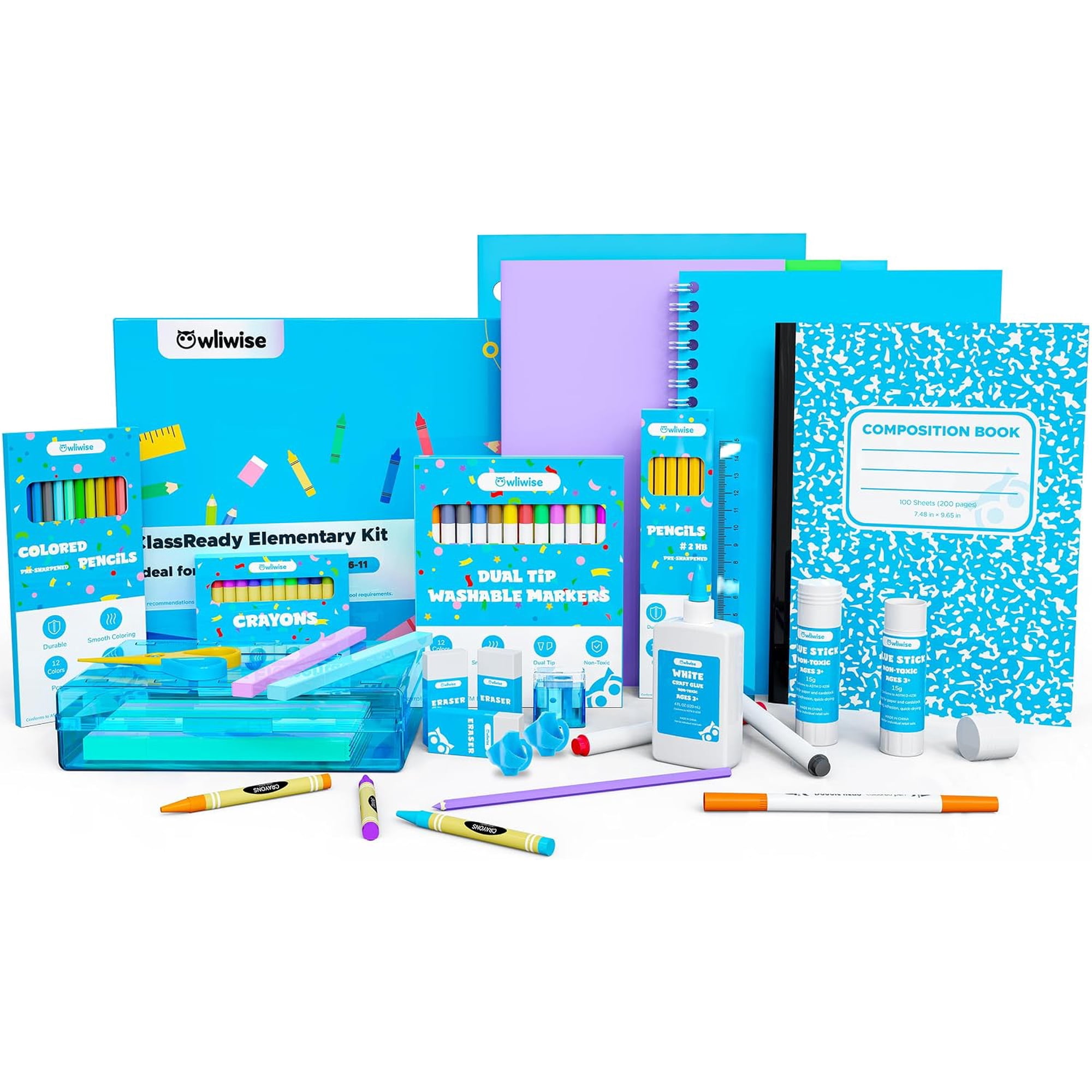 Owliwise School Supplies Kit, Back to School Supplies Bundle for Kids, Complete Student Set for Kindergarten and Elementary, Pre-K School, Organized School Supply Box, 87 Piece,Girls and Boys