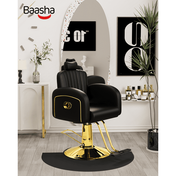 Baasha Comfortable Black and Gold Salon Chair, Memory Soft Cushions, Heavy Duty Reclining Barber Chair with Steel Frame, Stylish Hair Chair with Removable Headrest, Weight Capacity 440 lbs
