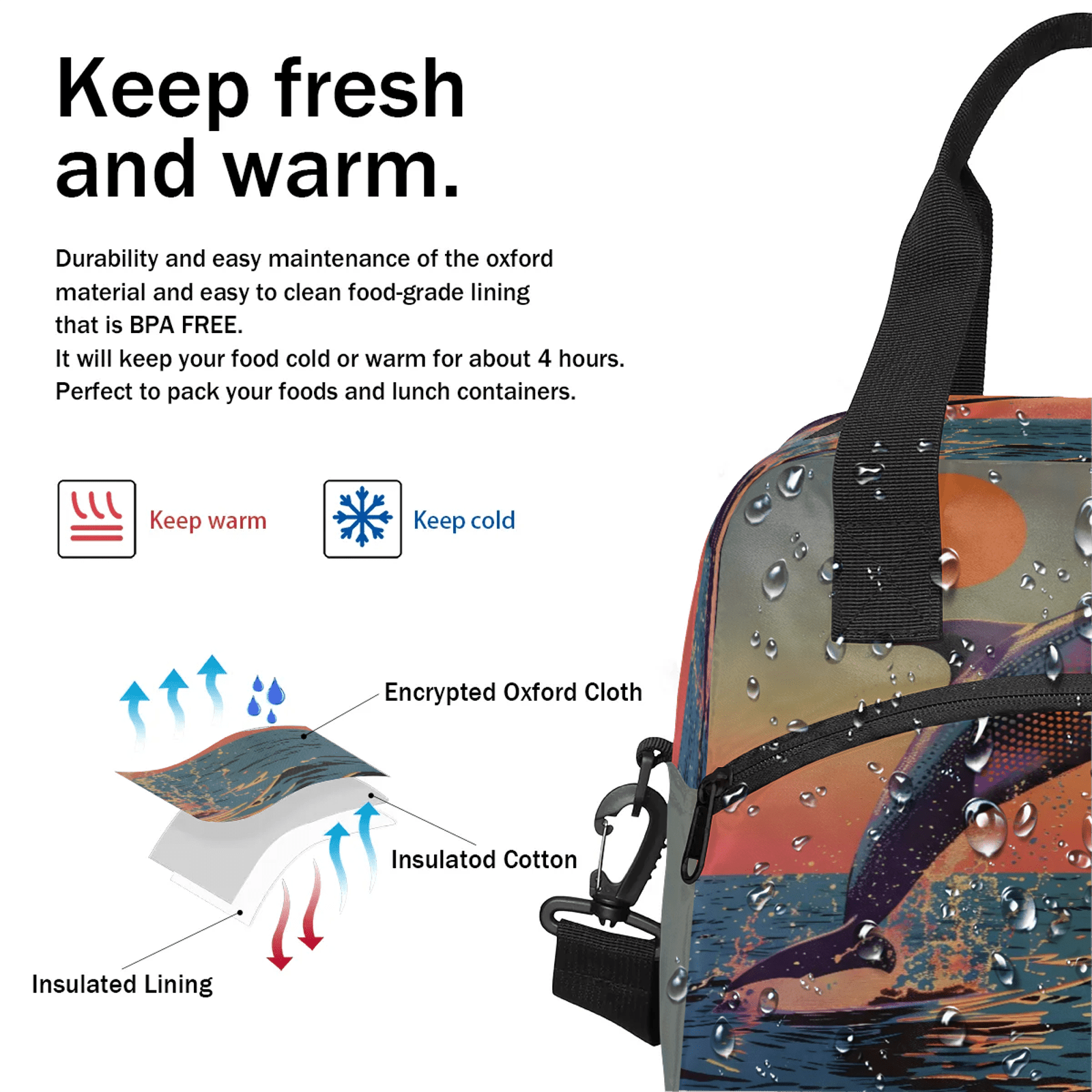 Herdesigns Dolphin Insulated Lunch Bag for Women Men Adult, Reusable Insulated Cooler Lunch Box Lunch Tote Bag for Work Picnic Beach