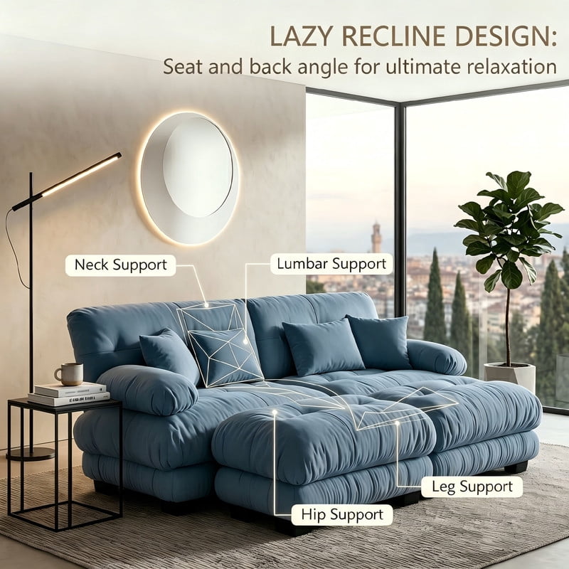 ANPPORT Cloud Couch Sleeper Sofa, Chenille Blue 2-Seater Modular Sofa with 2 Ottomans, 2 Lumbar pillows, 2 Pillows, Comfy Deep Seat Cloud Sofa, Convertible L-Shaped Floor Couch for Living Room