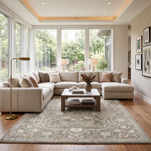 Hauteloom Montebelluna Living Room, Bedroom Area Rug - Traditional - Ivory, Cream, Sage Green - 5'3" x 7'