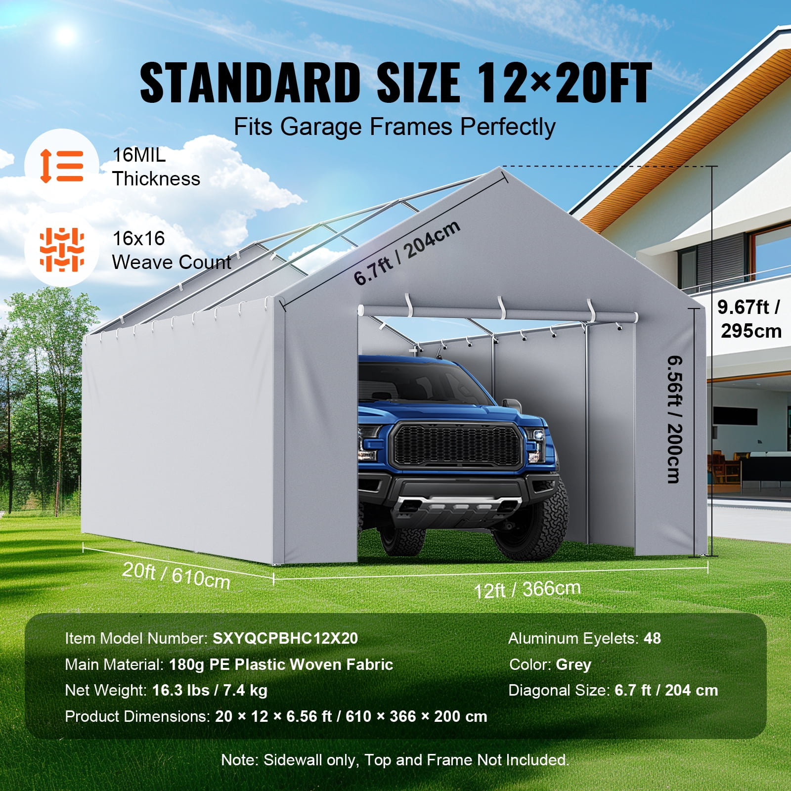 KFFKFF 12 x 20 ft Carport Replacement Canopy Gray Side Wall Car Parking