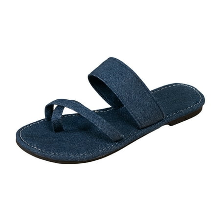 

Women Summer Slip On Solid Casual Open Toe Denim Flat Soft Bottom Breathable Shoes Sandals Slippers Size 5 Shoes for Women Sandals Tan Sandals for Women Dressy Wedge Heel Sandals for Women Leopard